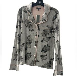 PJ Salvage Floral Gray and Pink Button-Up Pajama Top Small